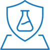 minimalist line art icon with a chemical flask encased in a shield above a rectangular object to indicate chemical resistance