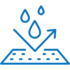 minimalist line art icon of a resilient material visualized by a trapezoidal polygon beneath raindrops and an an arrow reflecting off the polygon. The arrow indicates the material's low moisture pickup