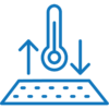 minimalist line art icon of a resilient material visualized by a trapezoidal polygon under a thermometer. the thermometer is between an up arrow and a down arrow to indicate temperature