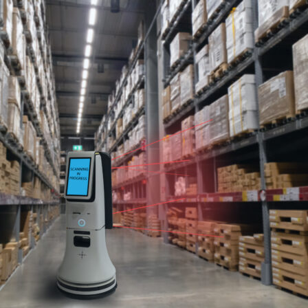 smart retail concept, robot service use for check the data of or Stores that stock goods on shelves with easily-viewed barcode and prices or photo compared against an idealized representation of store